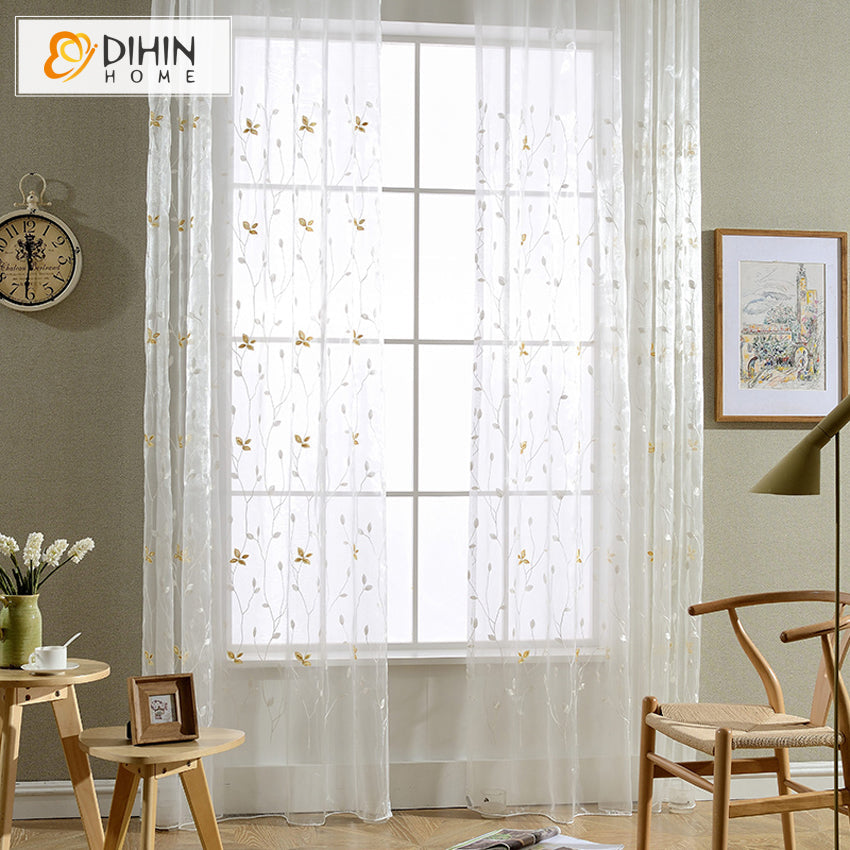 DIHIN HOME Garden Twigs Embroidered Sheer Curtain,Grommet Window Curtain for Living Room ,52x63-inch,1 Panel