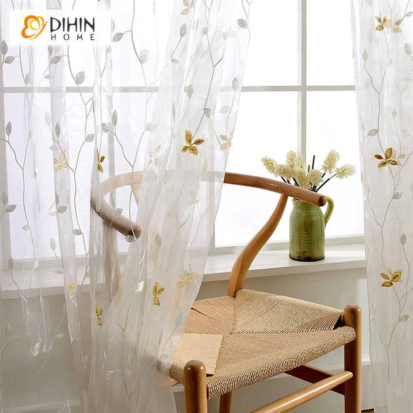 DIHINHOME Home Textile Sheer Curtain DIHIN HOME Garden Twigs Embroidered Sheer Curtain,Grommet Window Curtain for Living Room ,52x63-inch,1 Panel