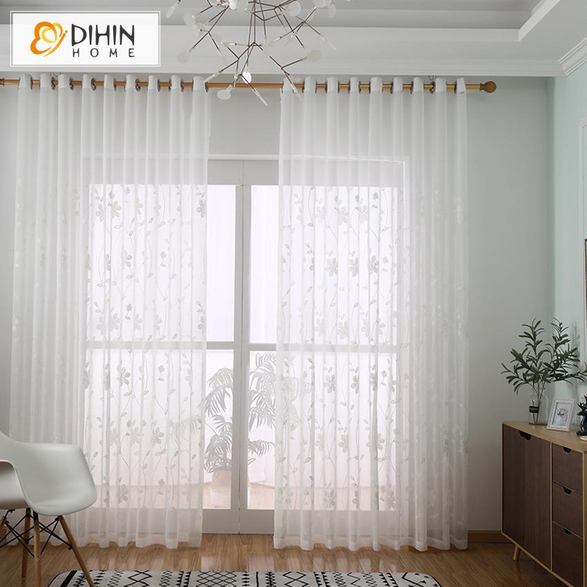 DIHINHOME Home Textile Sheer Curtain DIHIN HOME Garden White Color Flowers Embroidered,Sheer Curtain,Grommet Window Curtain for Living Room ,52x63-inch,1 Panel