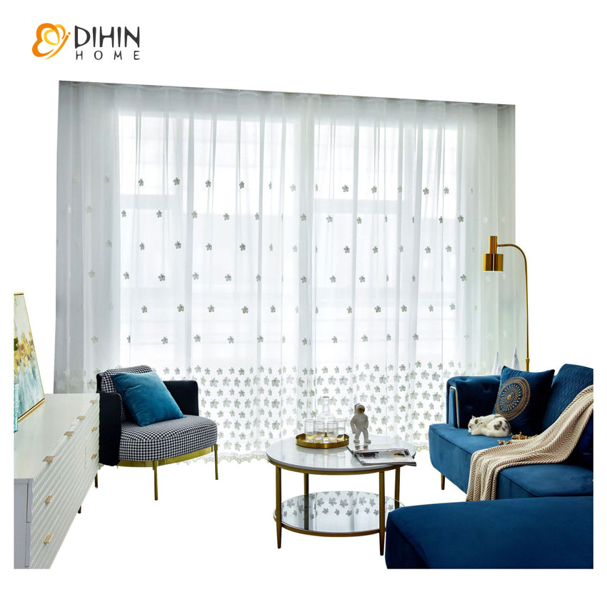 DIHINHOME Home Textile Sheer Curtain DIHIN HOME Garden White Plants Embroidered Sheer Curtain,Grommet Window Curtain for Living Room ,52x63-inch,1 Panel