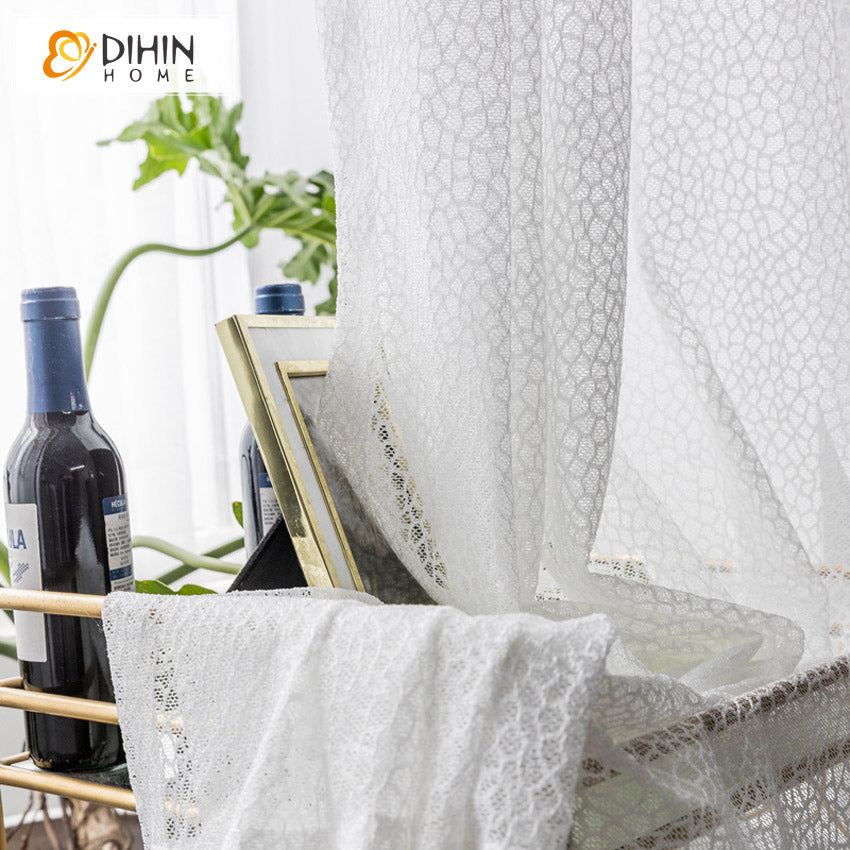DIHINHOME Home Textile Sheer Curtain DIHIN HOME Geometric Cutout Embroidery,Sheer Curtain, Grommet Window Curtain for Living Room ,52x63-inch,1 Panel