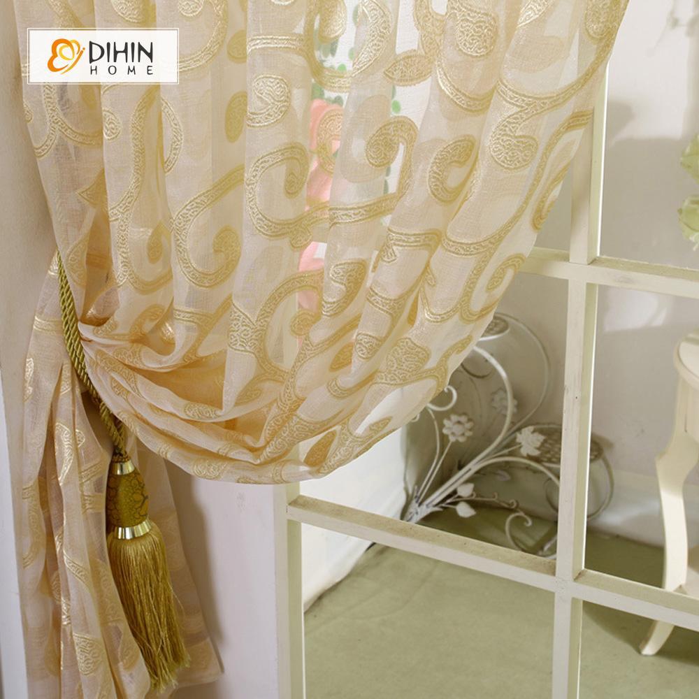 DIHINHOME Home Textile Sheer Curtain DIHIN HOME Golden Pattern Embroidered,Sheer Curtain,Blackout Grommet Window Curtain for Living Room ,52x63-inch,1 Panel