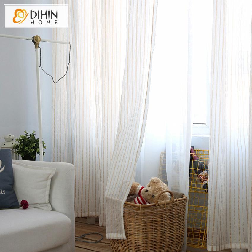 DIHINHOME Home Textile Sheer Curtain DIHIN HOME Golden Stripes Embroidered,Sheer Curtain,Blackout Grommet Window Curtain for Living Room ,52x63-inch,1 Panel