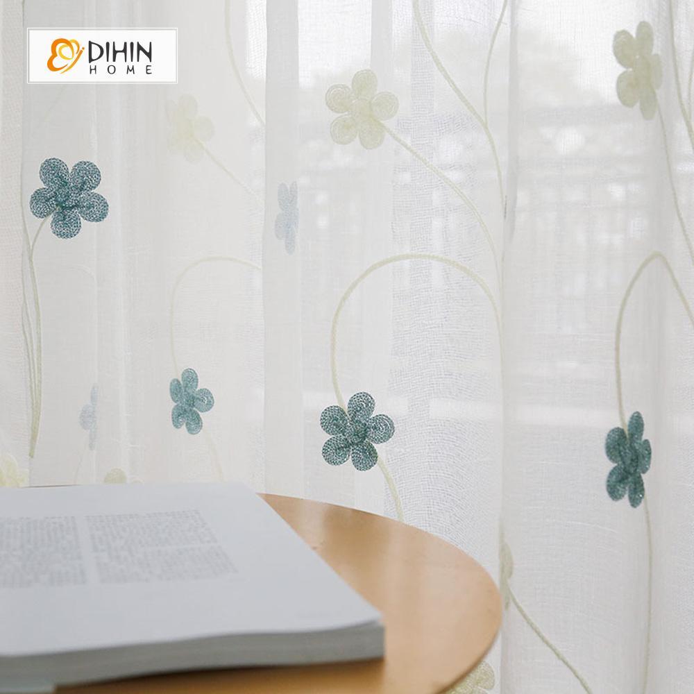 DIHINHOME Home Textile Sheer Curtain DIHIN HOME Green and White Flowers Embroidered,Sheer Curtain,Blackout Grommet Window Curtain for Living Room ,52x63-inch,1 Panel