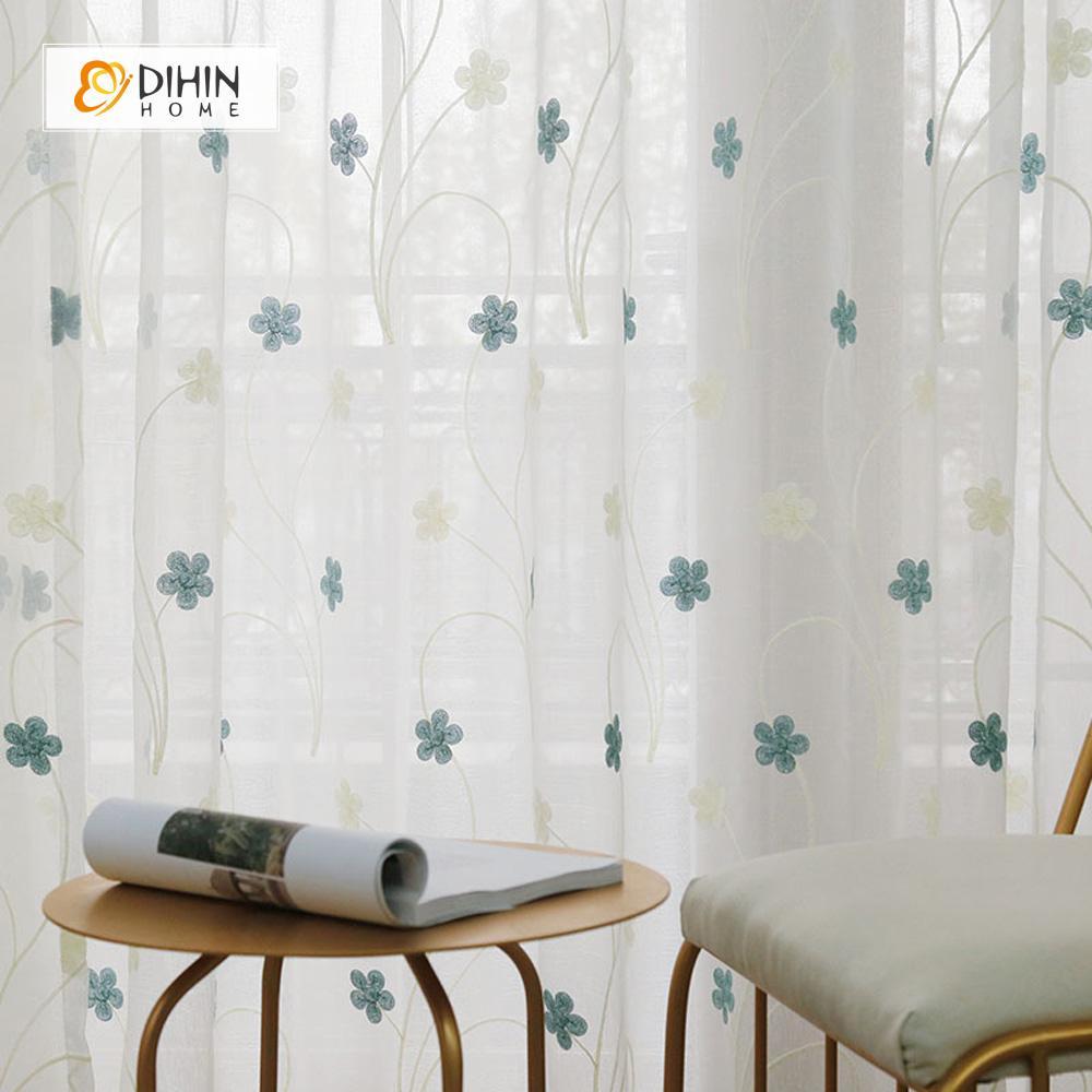 DIHINHOME Home Textile Sheer Curtain DIHIN HOME Green and White Flowers Embroidered,Sheer Curtain,Blackout Grommet Window Curtain for Living Room ,52x63-inch,1 Panel