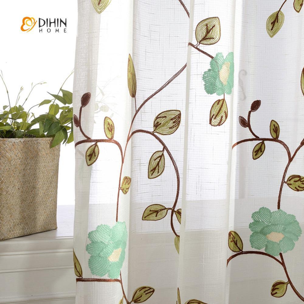 DIHINHOME Home Textile Sheer Curtain DIHIN HOME Green Flower Embroidered Sheer Curtains ,Cotton Linen ,Day Curtain Grommet Window Curtain for Living Room ,52x63-inch,1 Panel