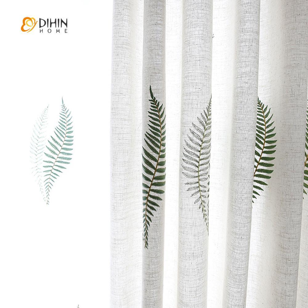 DIHINHOME Home Textile Sheer Curtain DIHIN HOME Green Leaves Embroidered,Sheer Curtain,Blackout Grommet Window Curtain for Living Room ,52x63-inch,1 Panel