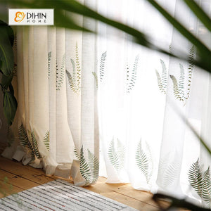 DIHINHOME Home Textile Sheer Curtain DIHIN HOME Green Leaves Embroidered,Sheer Curtain,Blackout Grommet Window Curtain for Living Room ,52x63-inch,1 Panel