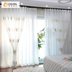 DIHINHOME Home Textile Sheer Curtain DIHIN HOME Grey and Yellow Pattern Embroidered Sheer Curtain,Blackout Grommet Window Curtain for Living Room ,52x63-inch,1 Panel