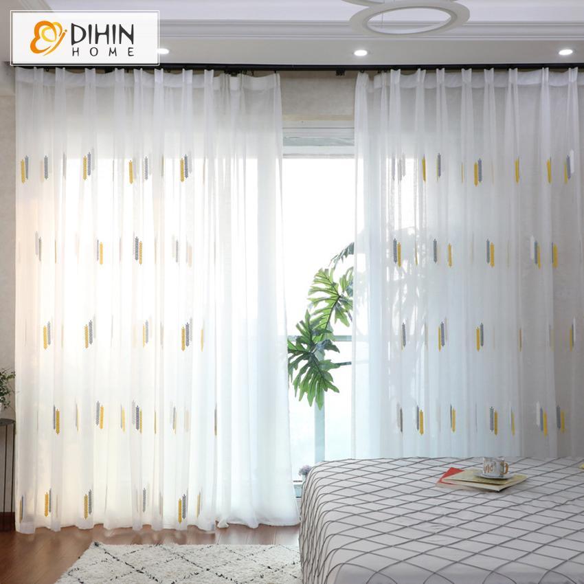 DIHINHOME Home Textile Sheer Curtain DIHIN HOME Grey and Yellow Pattern Embroidered Sheer Curtain,Blackout Grommet Window Curtain for Living Room ,52x63-inch,1 Panel