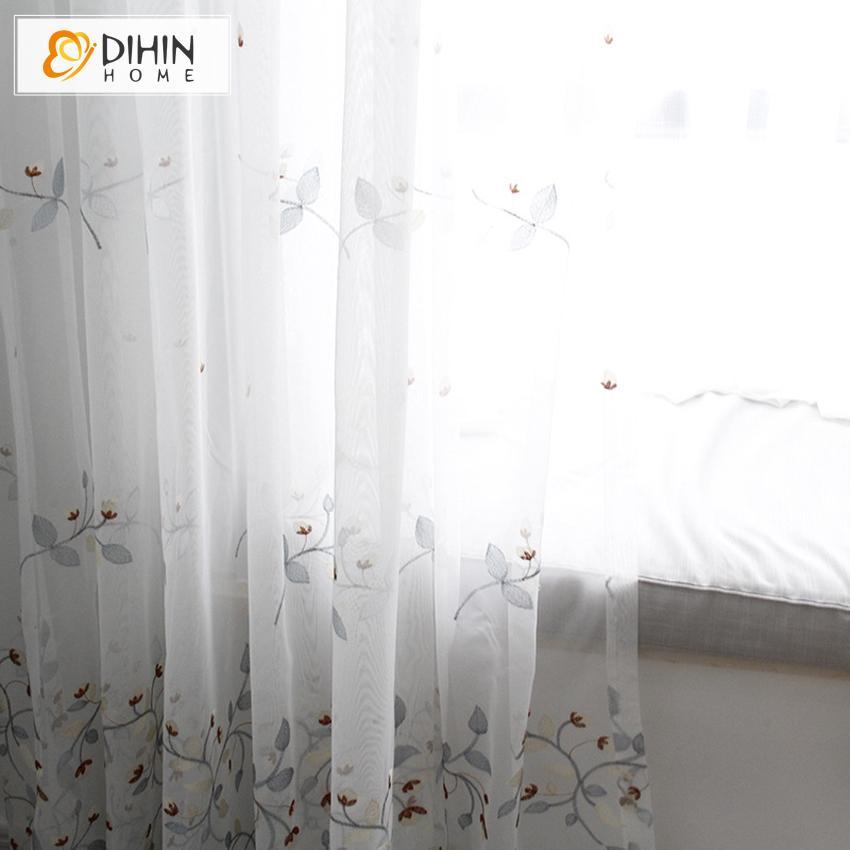 DIHINHOME Home Textile Sheer Curtain DIHIN HOME Grey Branch Brown FLowers Embroidered Sheer Curtain,Blackout Grommet Window Curtain for Living Room ,52x63-inch,1 Panel