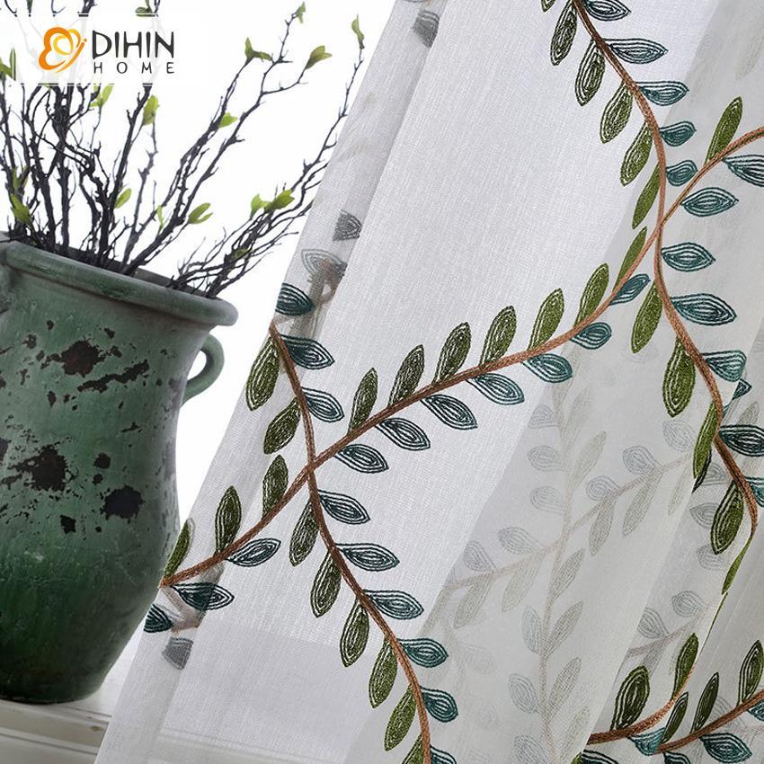 DIHINHOME Home Textile Sheer Curtain DIHIN HOME Leaves Embroidered,Sheer Curtain,Blackout Grommet Window Curtain for Living Room ,52x63-inch,1 Panel