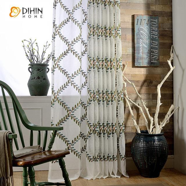 DIHINHOME Home Textile Sheer Curtain DIHIN HOME Leaves Embroidered,Sheer Curtain,Blackout Grommet Window Curtain for Living Room ,52x63-inch,1 Panel
