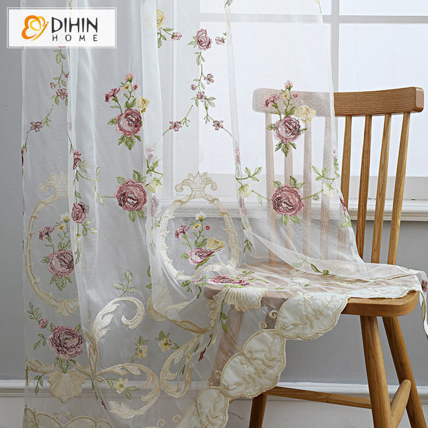 DIHINHOME Home Textile Sheer Curtain DIHIN HOME Luxury Flowers Emboridered,Sheer Curtain, Grommet Window Curtain for Living Room ,52x63-inch,1 Panel