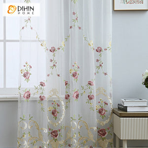 DIHINHOME Home Textile Sheer Curtain DIHIN HOME Luxury Flowers Emboridered,Sheer Curtain, Grommet Window Curtain for Living Room ,52x63-inch,1 Panel