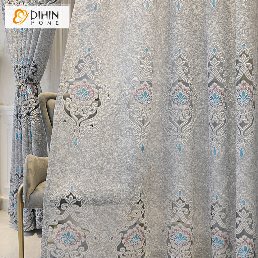 DIHINHOME Home Textile Sheer Curtain DIHIN HOME Luxury Light Grey Color Embroidered Sheer Curtain,Grommet Window Curtain for Living Room ,52x63-inch,1 Panel