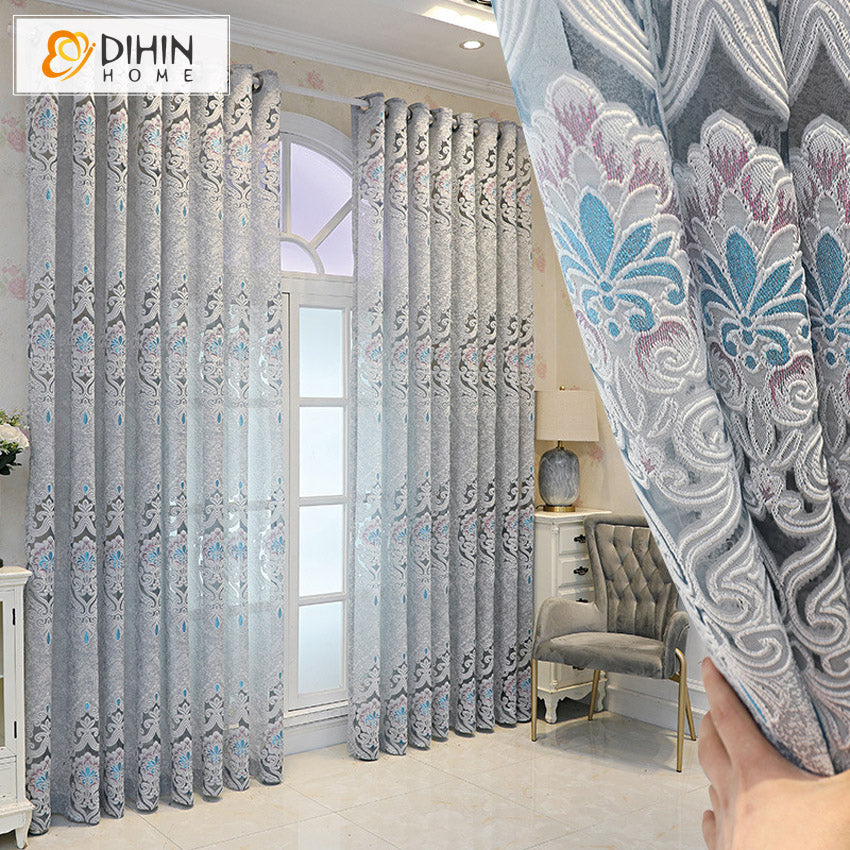 DIHIN HOME Luxury Light Grey Color Embroidered Sheer Curtain,Grommet Window Curtain for Living Room ,52x63-inch,1 Panel
