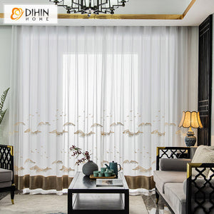 DIHINHOME Home Textile Sheer Curtain DIHIN HOME Luxury Pastoral Coffee Color Mountains Embroideried Sheer Curtain,Grommet Window Curtain for Living Room ,52x63-inch,1 Panel