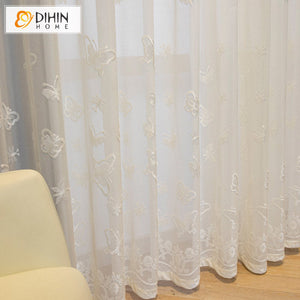 DIHINHOME Home Textile Sheer Curtain DIHIN HOME Luxury White Butterfly Embroideried Sheer Curtain,Grommet Window Curtain for Living Room ,52x63-inch,1 Panel