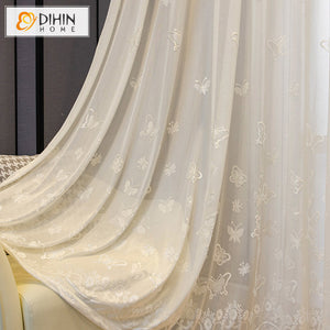 DIHIN HOME Luxury White Butterfly Embroideried Sheer Curtain,Grommet Window Curtain for Living Room ,52x63-inch,1 Panel