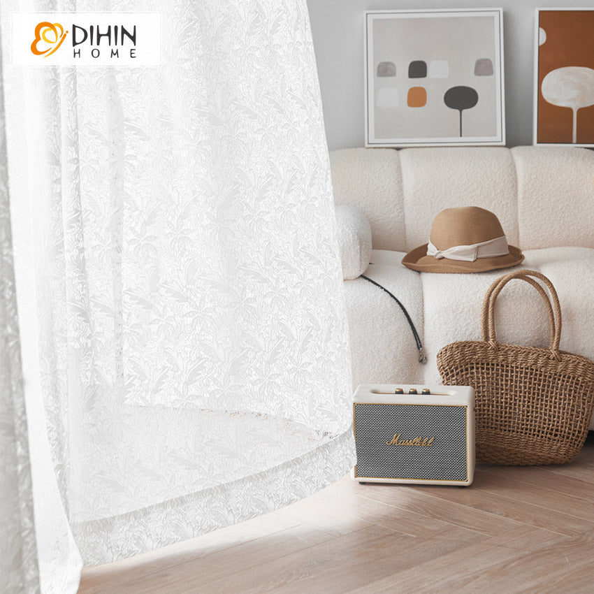 DIHINHOME Home Textile Sheer Curtain DIHIN HOME Luxury White Jacquard,Grommet Window Sheer Curtain for Living Room ,52x63-inch,1 Panel
