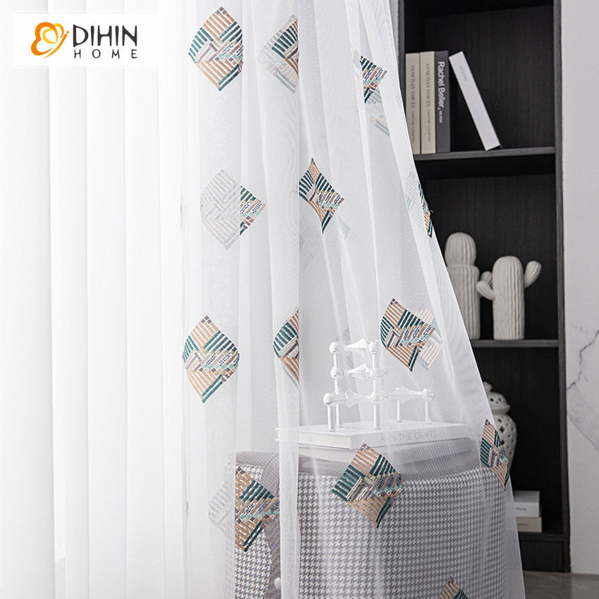 DIHINHOME Home Textile Sheer Curtain DIHIN HOME Modern Abstract Geometric Sheer Curtain, Grommet Window Curtain for Living Room ,52x63-inch,1 Panel