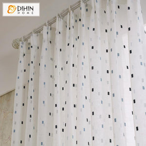 DIHIN HOME Modern Blue Dots Embroidered,Sheer Curtain, Grommet Window Curtain for Living Room ,52x63-inch,1 Panel