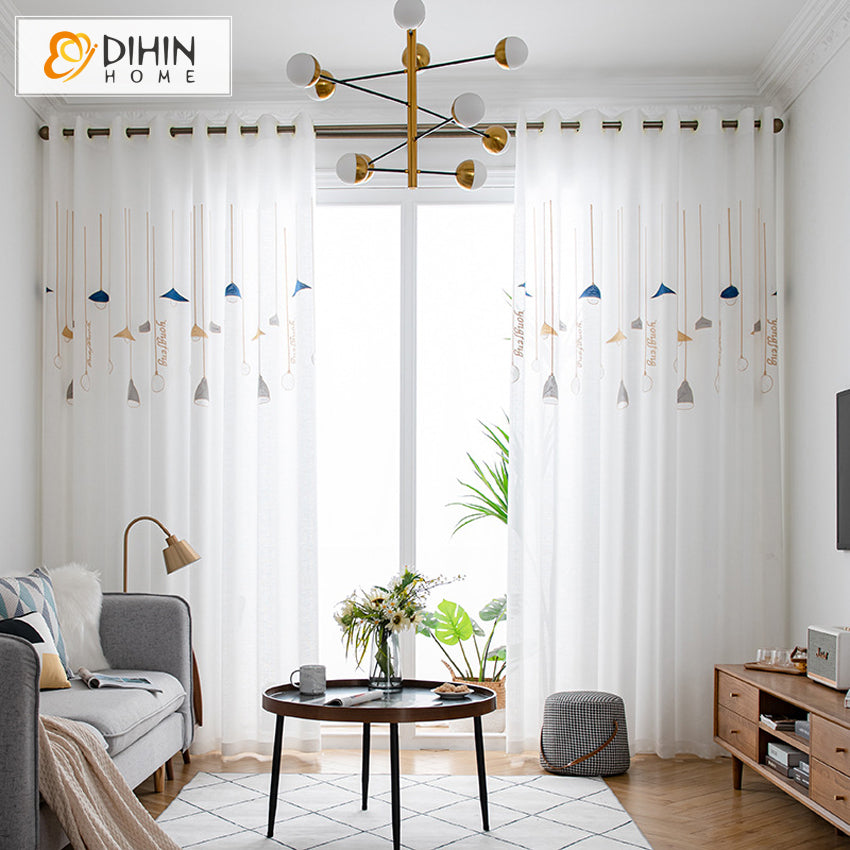 DIHIN HOME Modern Blue Hanging Lamp White Sheer Curtain,Grommet Window Curtain for Living Room ,52x63-inch,1 Panel