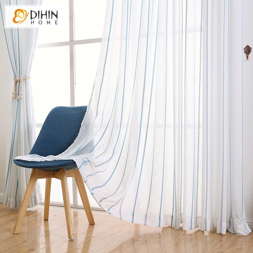 DIHIN HOME Modern Blue Striped Tulle ,Sheer Curtain, Grommet Window Curtain for Living Room ,52x63-inch,1 Panel