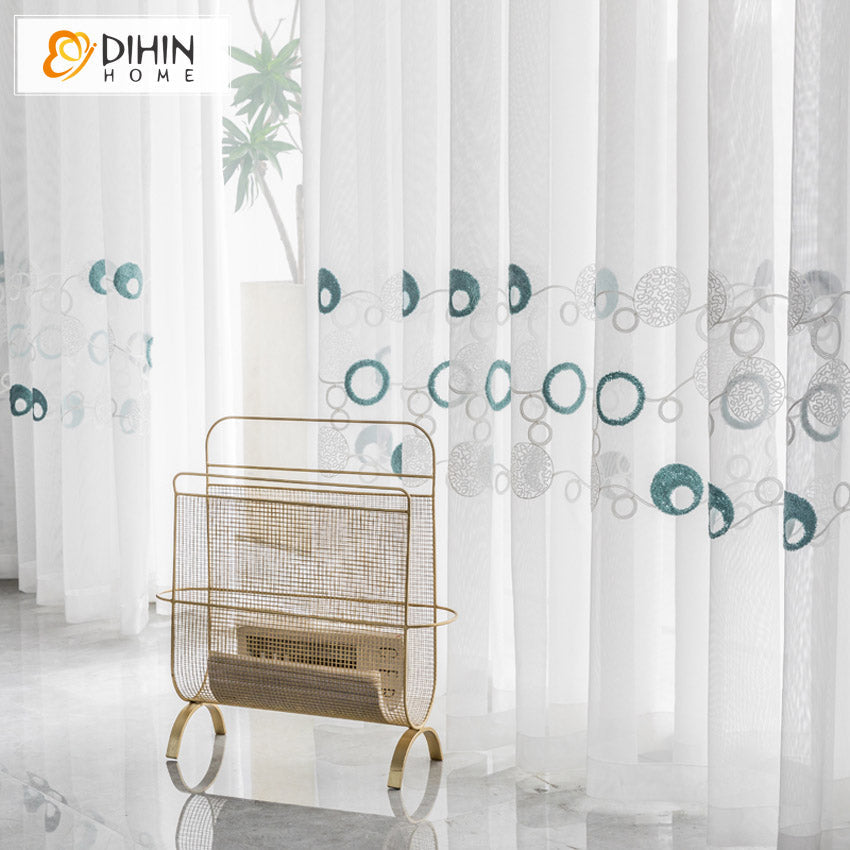 DIHINHOME Home Textile Sheer Curtain DIHIN HOME Modern Cirlces Embroidered,Grommet Window Sheer Curtain for Living Room ,52x63-inch,1 Panel