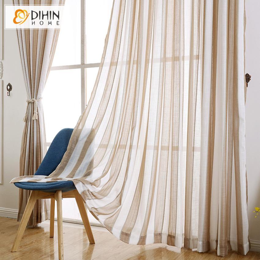 DIHIN HOME Modern Coffee Striped Tulle ,Sheer Curtain, Grommet Window Curtain for Living Room ,52x63-inch,1 Panel