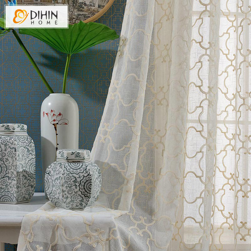 DIHINHOME Home Textile Sheer Curtain DIHIN HOME Modern Cotton Linen Geometric Sheer Curtain, Grommet Window Curtain for Living Room ,52x63-inch,1 Panel