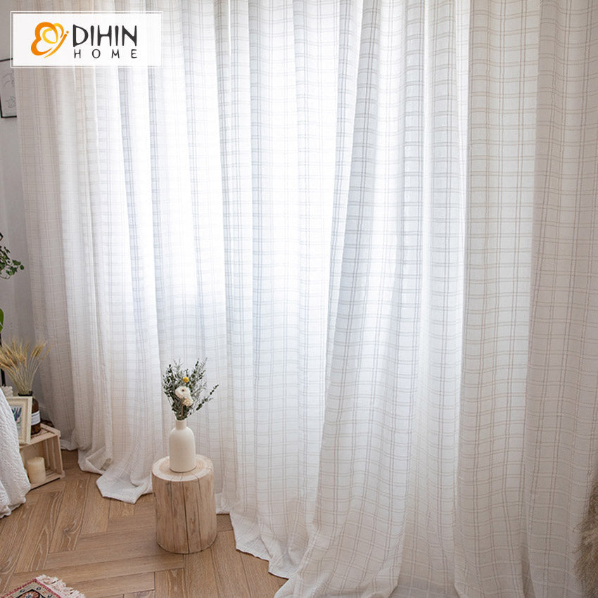 DIHIN HOME Modern Cotton Linen Plaid Sheer Curtains,Grommet Window Curtain for Living Room ,52x63-inch,1 Panel