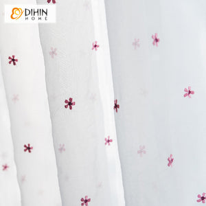 DIHINHOME Home Textile Sheer Curtain DIHIN HOME Modern Cotton Linen Red Flowers Embroidered Sheer Curtain,Grommet Window Curtain for Living Room ,52x63-inch,1 Panel