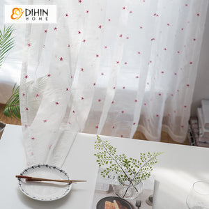 DIHIN HOME Modern Cotton Linen Red Flowers Embroidered Sheer Curtain,Grommet Window Curtain for Living Room ,52x63-inch,1 Panel