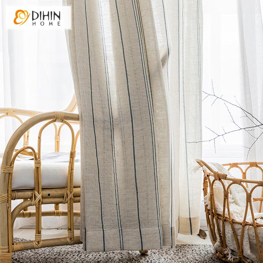 DIHINHOME Home Textile Sheer Curtain DIHIN HOME Modern Cotton Linen Striped,Sheer Curtain,Grommet Window Curtain for Living Room ,52x63-inch,1 Panel
