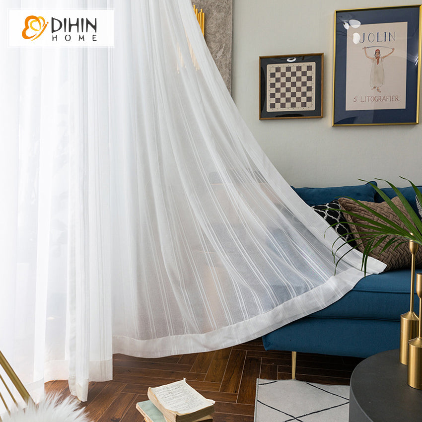 DIHIN HOME Modern Cotton Linen SWhite Striped Sheer Curtain,Grommet Window Curtain for Living Room ,52x63-inch,1 Panel