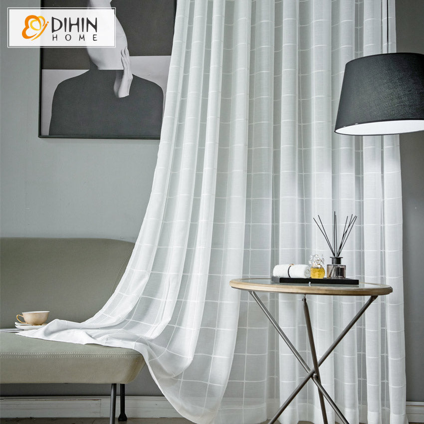DIHIN HOME Modern Cotton Linen White Striped Sheer Curtain,Grommet Window Curtain for Living Room,52x63-inch,1 Panel