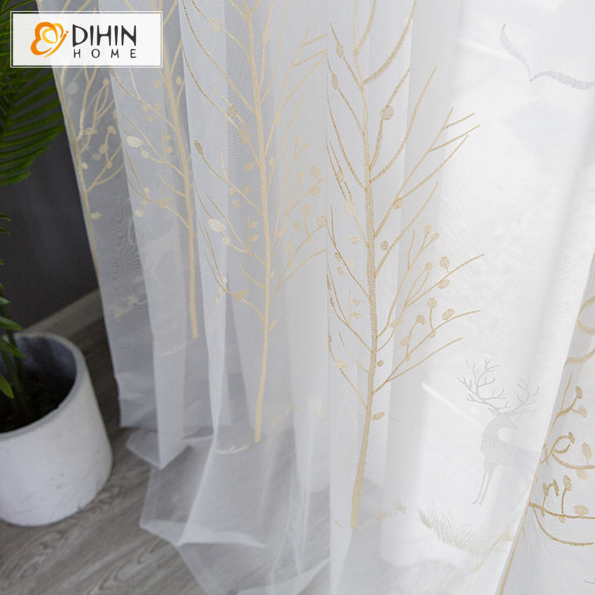 DIHINHOME Home Textile Sheer Curtain DIHIN HOME Modern Deer and Tree Embroidered Sheer Curtain, Grommet Window Curtain for Living Room ,52x63-inch,1 Panel