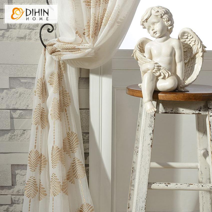 DIHIN HOME Modern Geometry Leaves Cotton Lineng Sheer Curtain,Grommet Window Curtain for Living Room ,52x63-inch,1 Panel