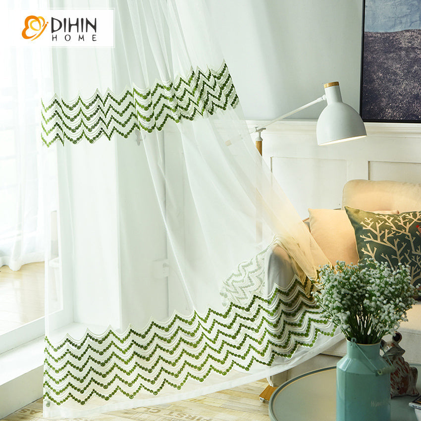 DIHIN HOME Modern Green Cotton Linen,Sheer Curtain,Grommet Window Curtain for Living Room ,52x63-inch,1 Panel