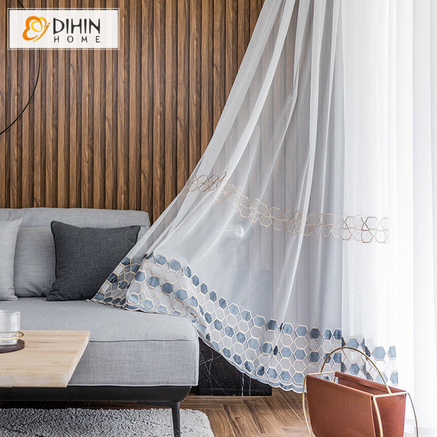 DIHIN HOME Modern Grey Geometric Embroidered,Sheer Curtain,Grommet Window Curtain for Living Room ,52x63-inch,1 Panel