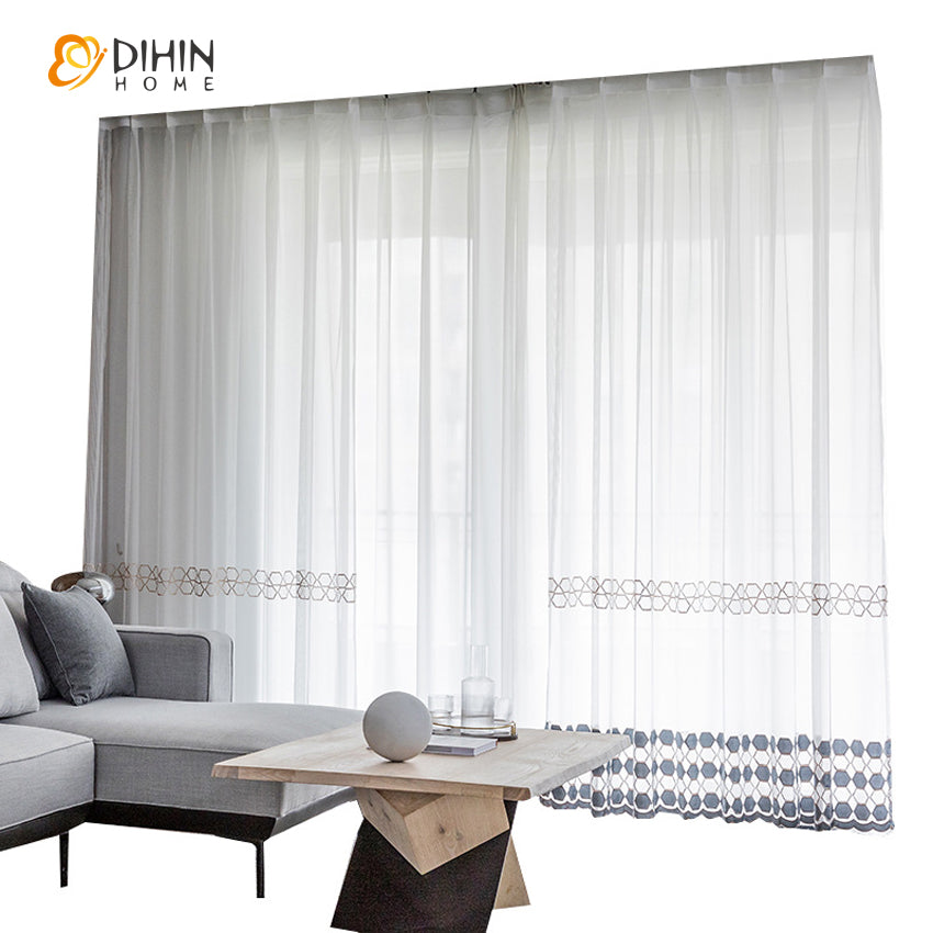 DIHINHOME Home Textile Sheer Curtain DIHIN HOME Modern Grey Geometric Embroidered,Sheer Curtain,Grommet Window Curtain for Living Room ,52x63-inch,1 Panel