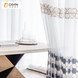 DIHINHOME Home Textile Sheer Curtain DIHIN HOME Modern Grey Geometric Embroidered,Sheer Curtain,Grommet Window Curtain for Living Room ,52x63-inch,1 Panel