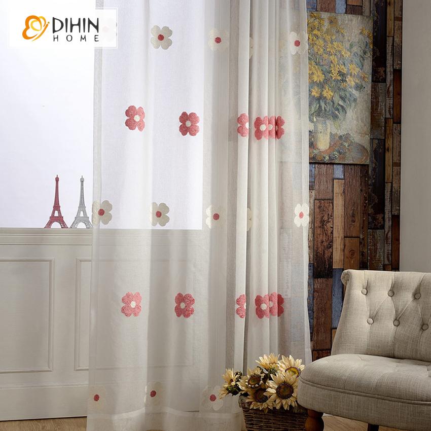 DIHIN HOME Modern High-grade Red and White Flowers Embroidery Cotton Linen Sheer Curtain,Grommet Window Curtain for Living Room ,52x63-inch,1 Panel