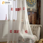 DIHIN HOME Modern High-grade Red and White Flowers Embroidery Cotton Linen Sheer Curtain,Grommet Window Curtain for Living Room ,52x63-inch,1 Panel