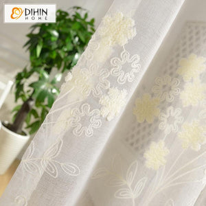 DIHIN HOME Modern High-grade Three-dimensional Embroidery Cotton Linen Sheer Curtain,Grommet Window Curtain for Living Room ,52x63-inch,1 Panel