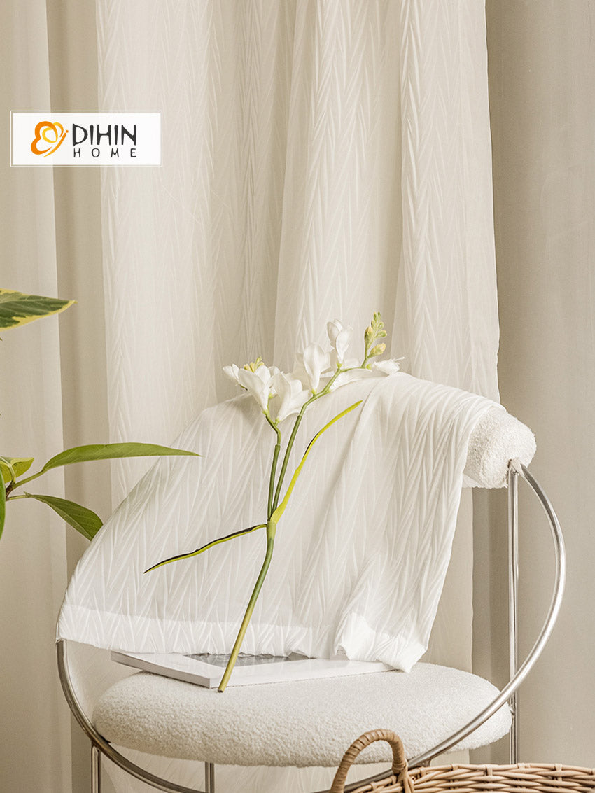 DIHINHOME Home Textile Sheer Curtain DIHIN HOME Modern Luxury Waves Pattern White Color,Grommet Window Sheer Curtain for Living Room ,52x63-inch,1 Panel