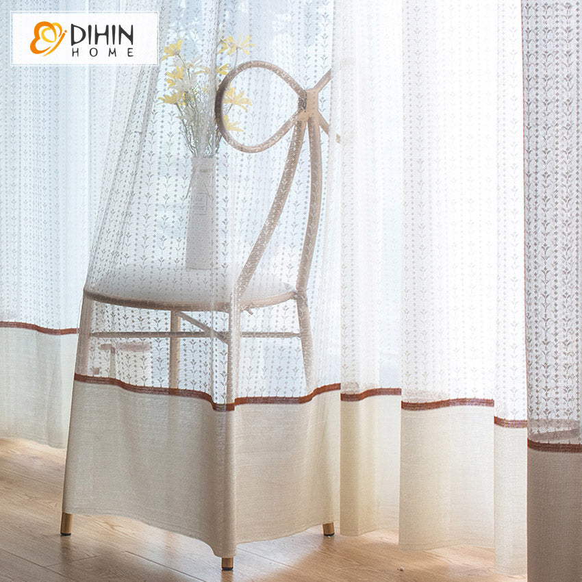 DIHIN HOME Modern Princess Room Cotton Linen Embroidered Sheer Curtains,Grommet Window Curtain for Living Room ,52x63-inch,1 Panel