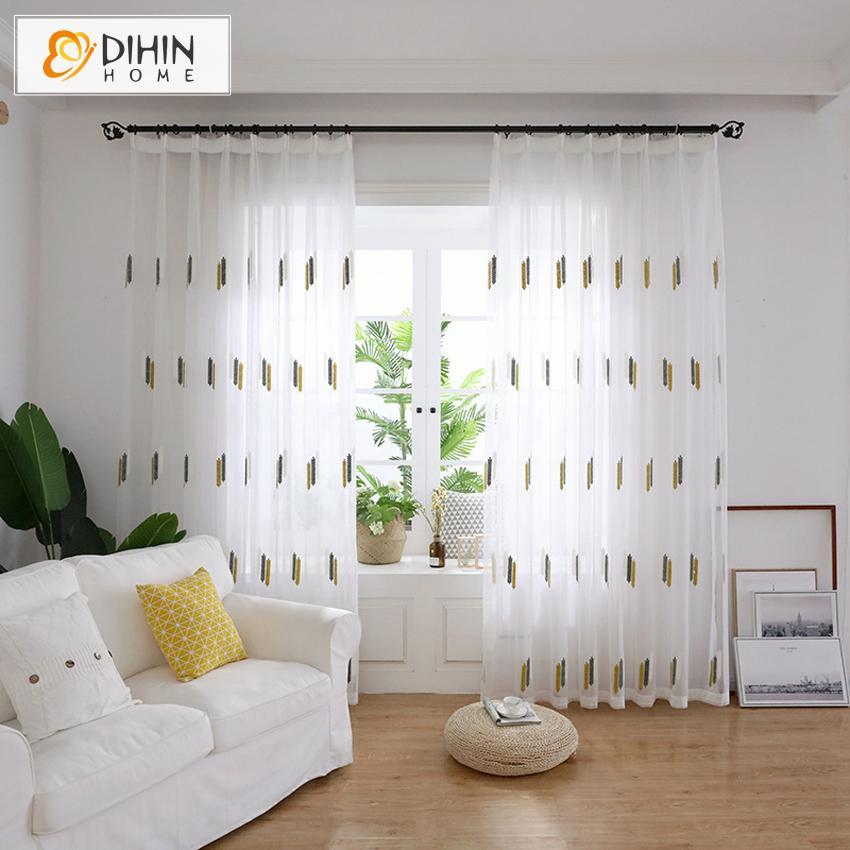 DIHIN HOME Modern Striped Embroidered Sheer Curtain, Grommet Window Curtain for Living Room ,52x63-inch,1 Panel